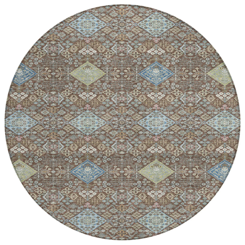 8' Chocolate And Green Round Oriental Washable Indoor Outdoor Area Rug Homeroots Outdoor