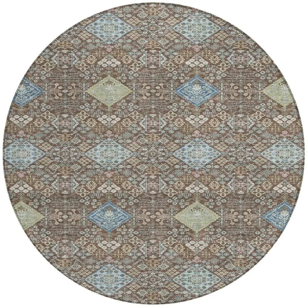 8' Chocolate And Green Round Oriental Washable Indoor Outdoor Area Rug Homeroots Outdoor