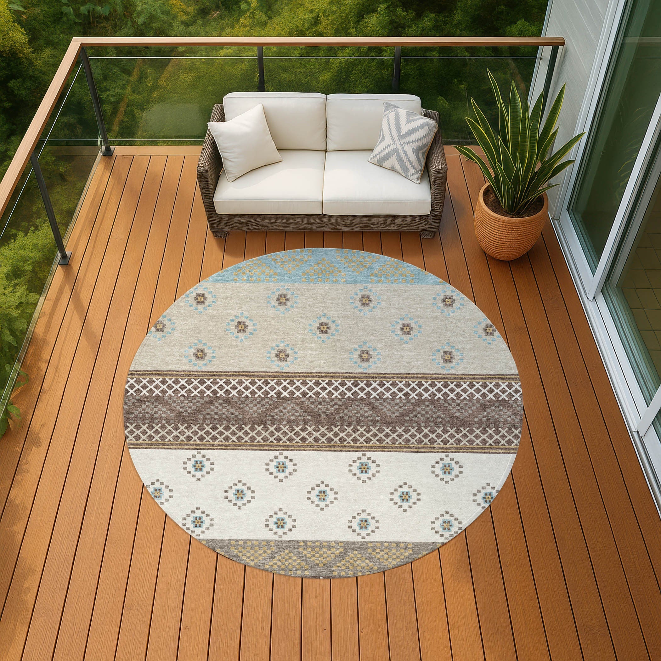 8' Chocolate And Green Round Striped Washable Indoor Outdoor Area Rug Homeroots Outdoor