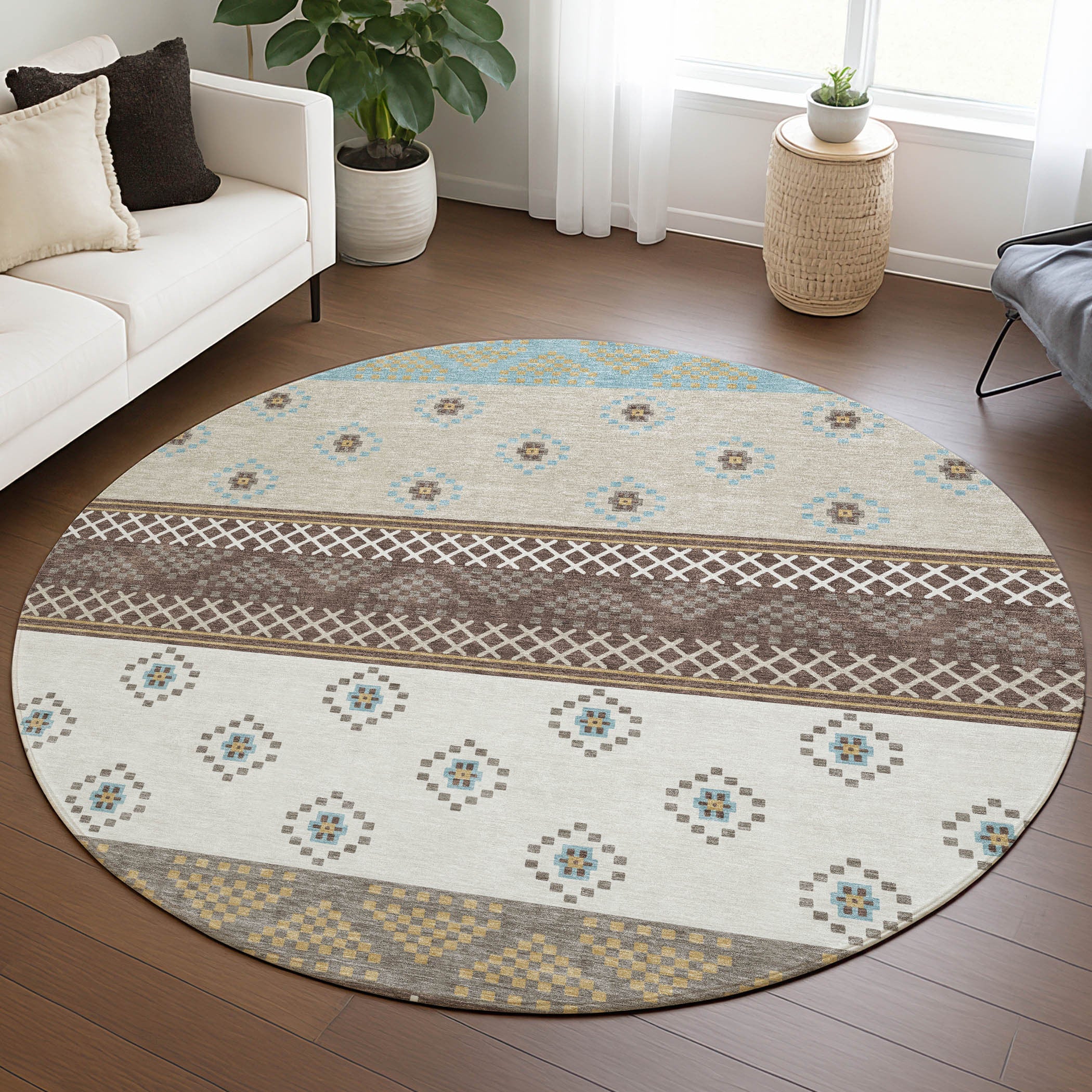 8' Chocolate And Green Round Striped Washable Indoor Outdoor Area Rug Homeroots Outdoor