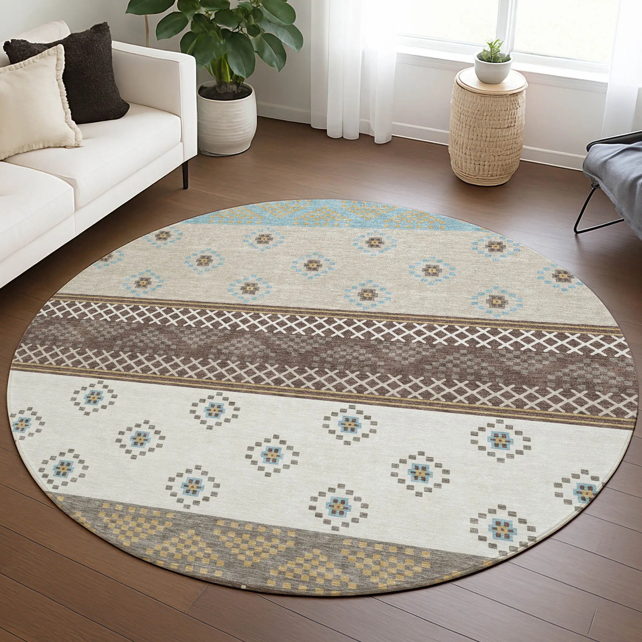 8' Chocolate And Green Round Striped Washable Indoor Outdoor Area Rug Homeroots Outdoor