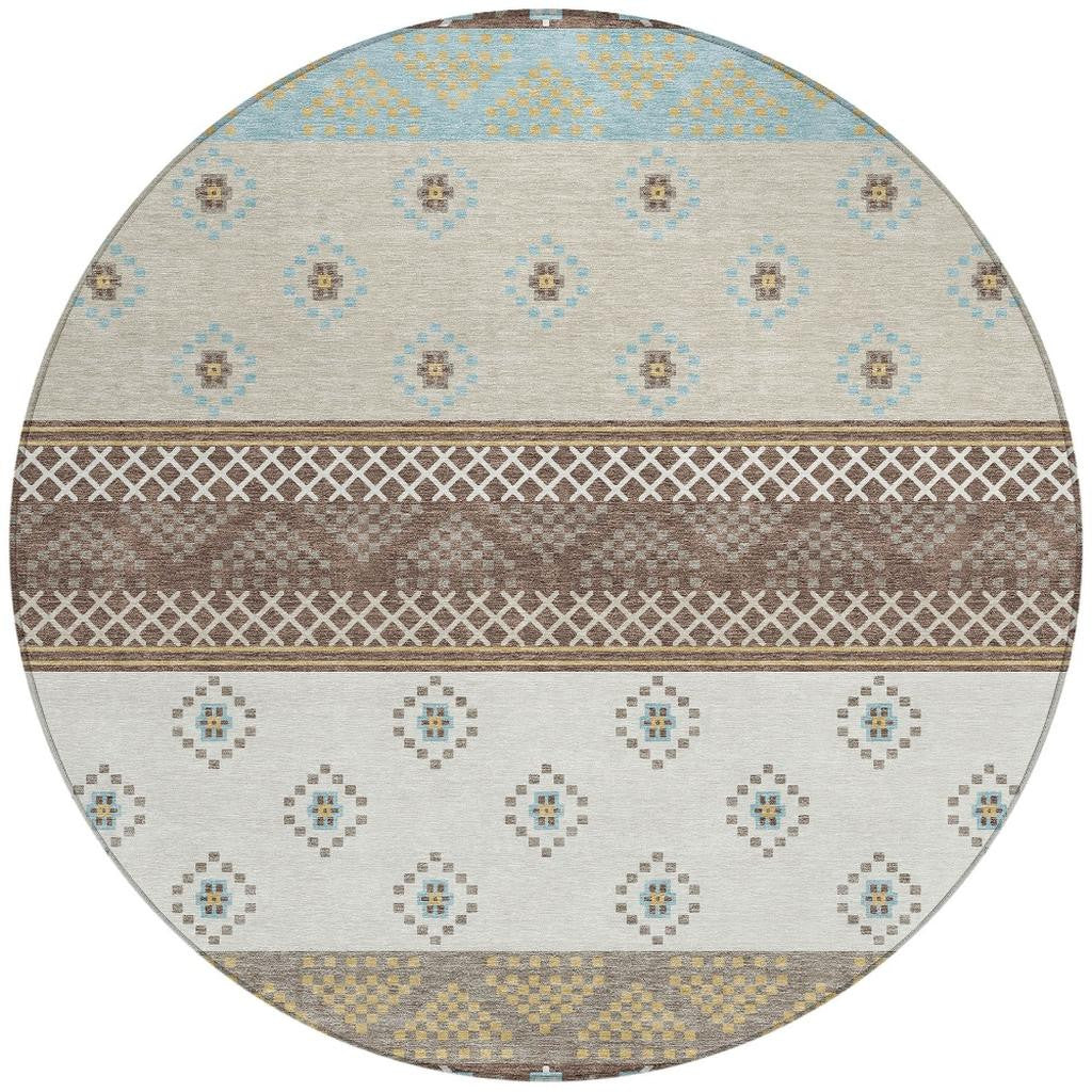 8' Chocolate And Green Round Striped Washable Indoor Outdoor Area Rug Homeroots Outdoor