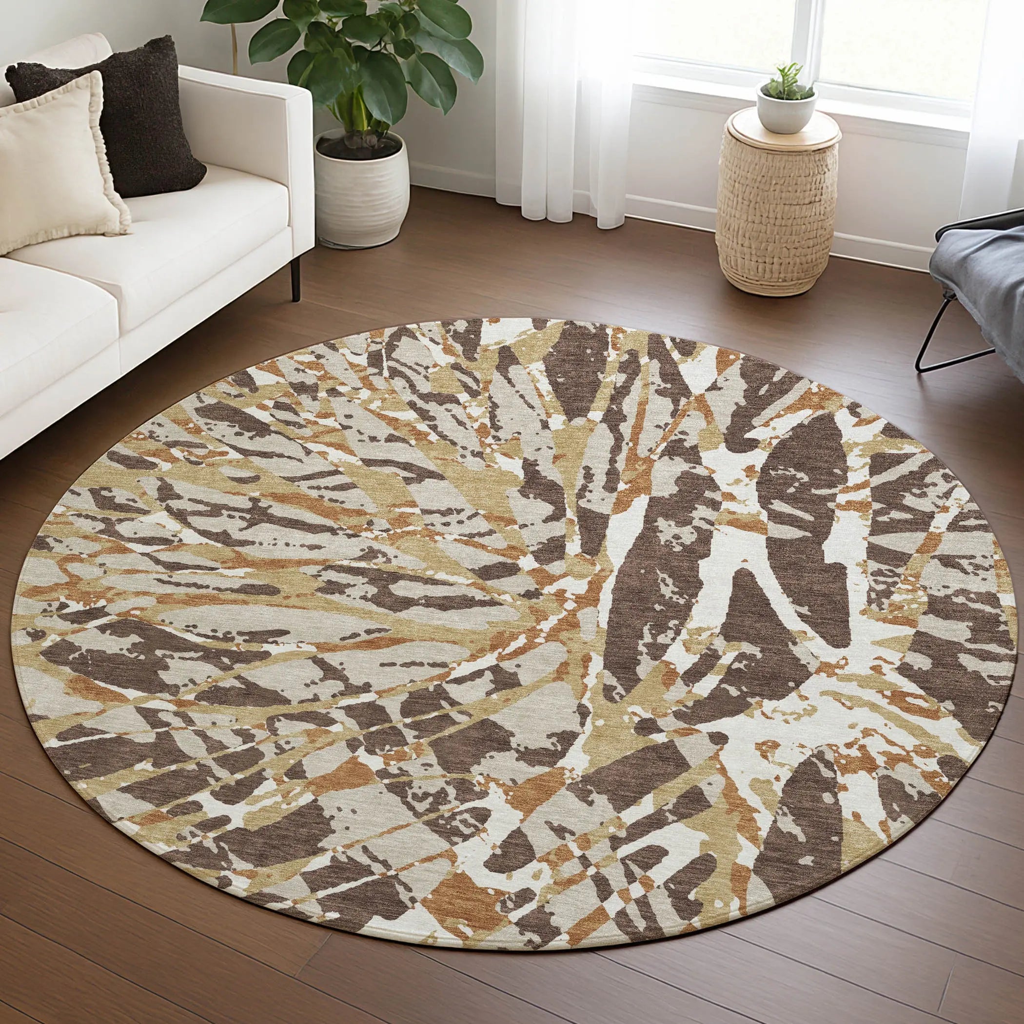 8' Chocolate And Ivory Round Abstract Washable Indoor Outdoor Area Rug Homeroots Outdoor