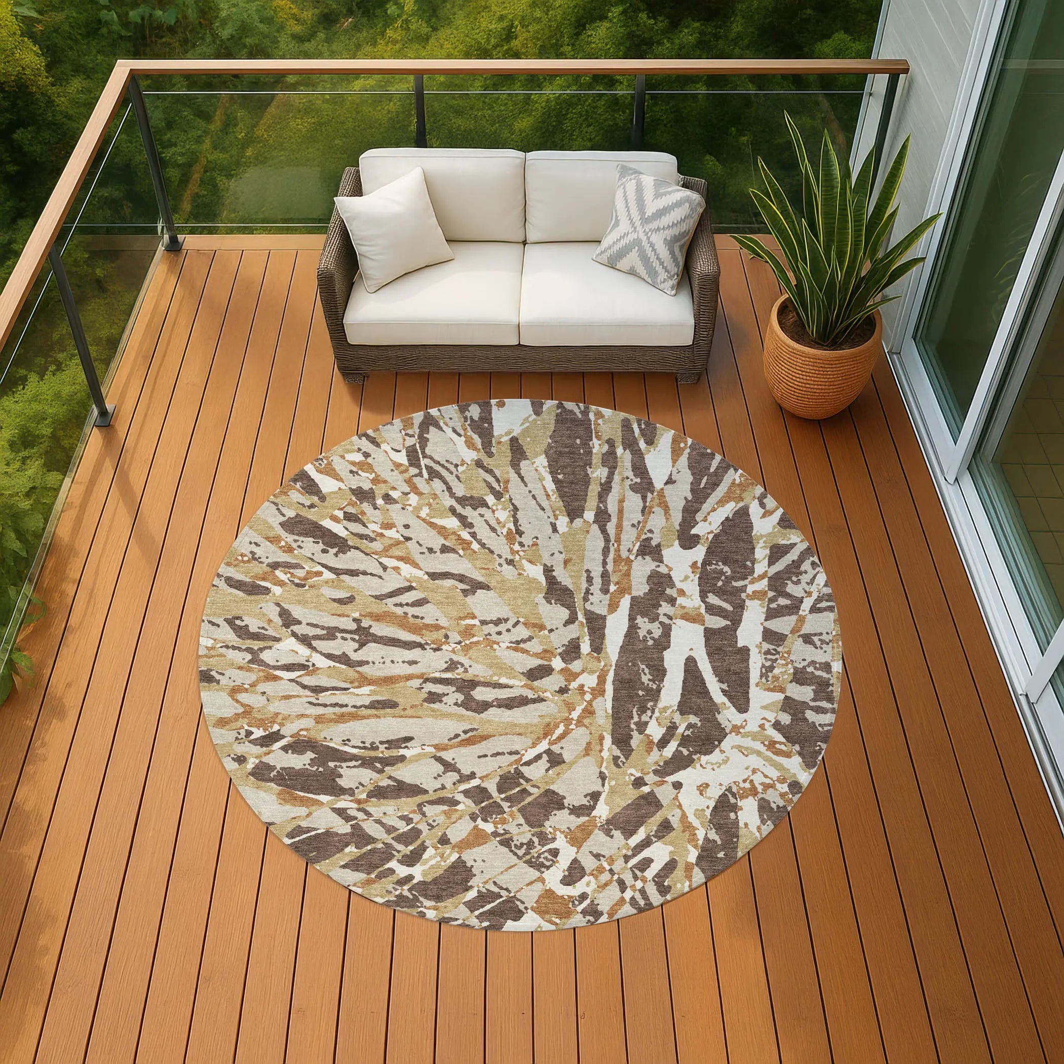 8' Chocolate And Ivory Round Abstract Washable Indoor Outdoor Area Rug Homeroots Outdoor