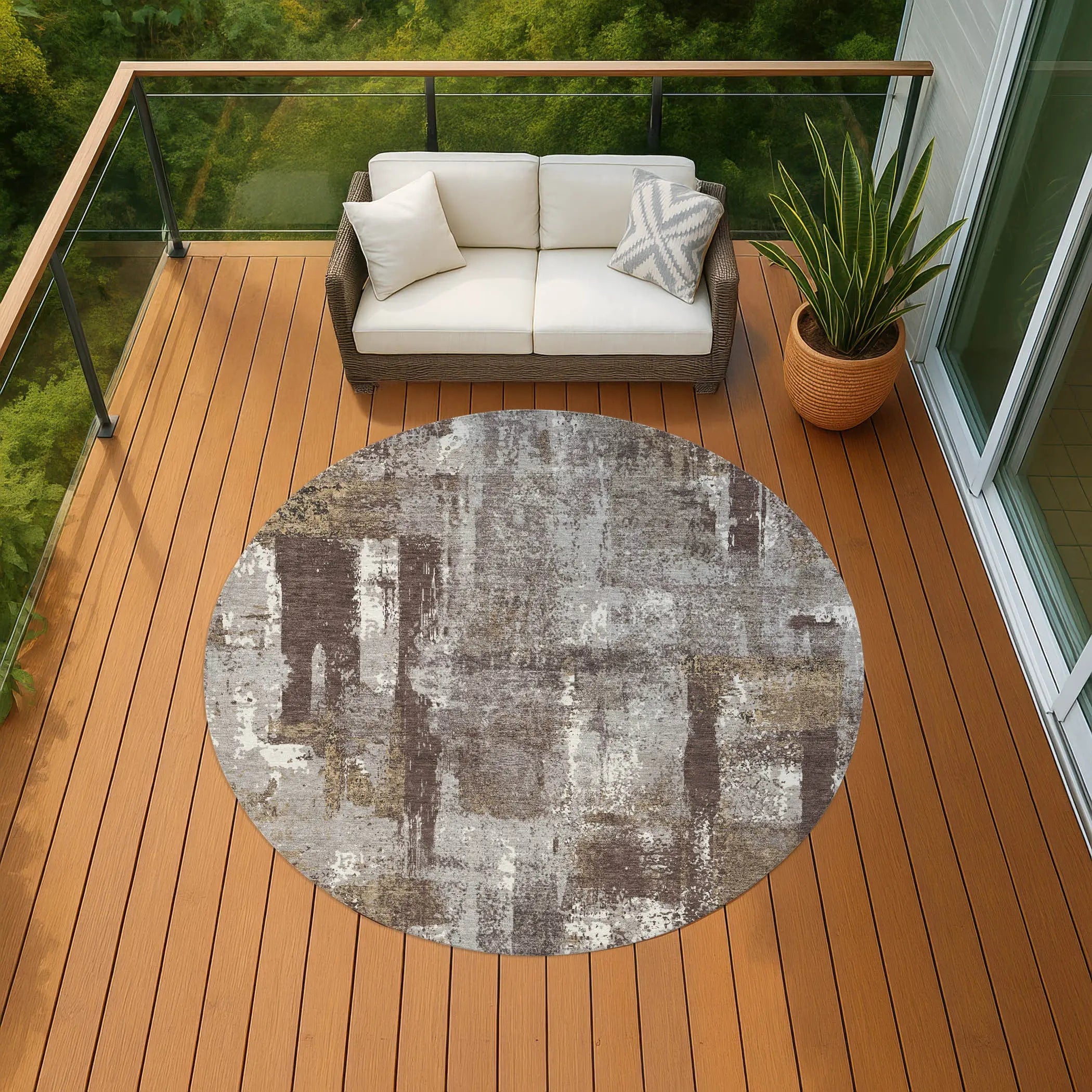 8' Chocolate And Ivory Round Abstract Washable Indoor Outdoor Area Rug Homeroots Outdoor