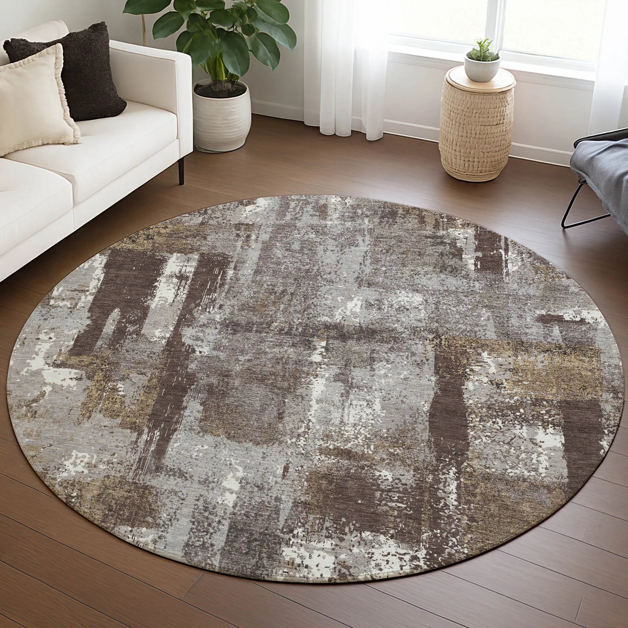 8' Chocolate And Ivory Round Abstract Washable Indoor Outdoor Area Rug Homeroots Outdoor