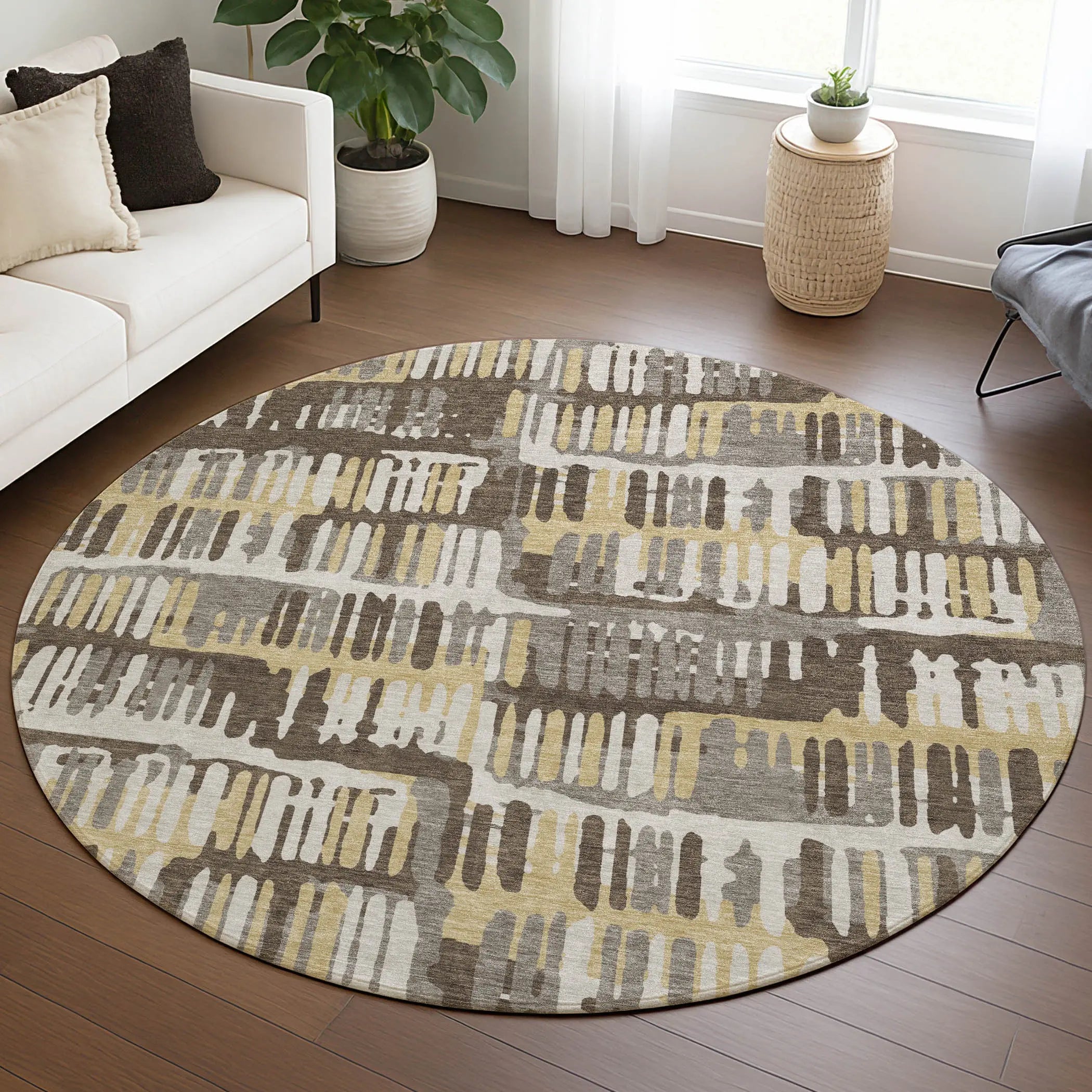 8' Chocolate And Ivory Round Abstract Washable Indoor Outdoor Area Rug Homeroots Outdoor