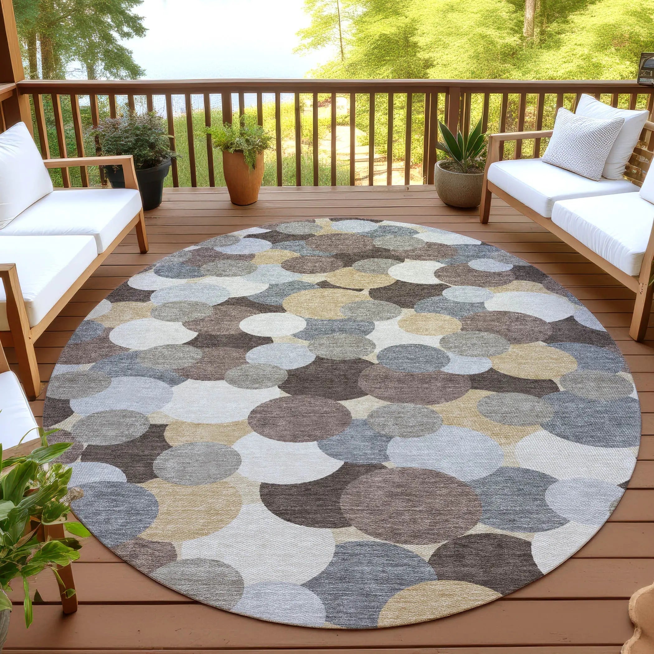 8' Chocolate And Ivory Round Geometric Washable Indoor Outdoor Area Rug Homeroots Outdoor