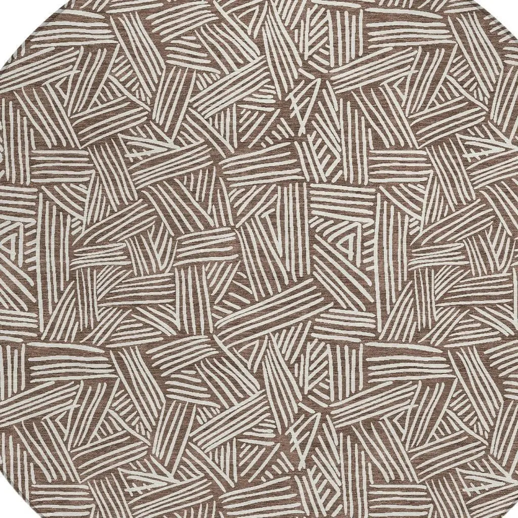 8' Chocolate And Ivory Round Geometric Washable Indoor Outdoor Area Rug Homeroots Outdoor