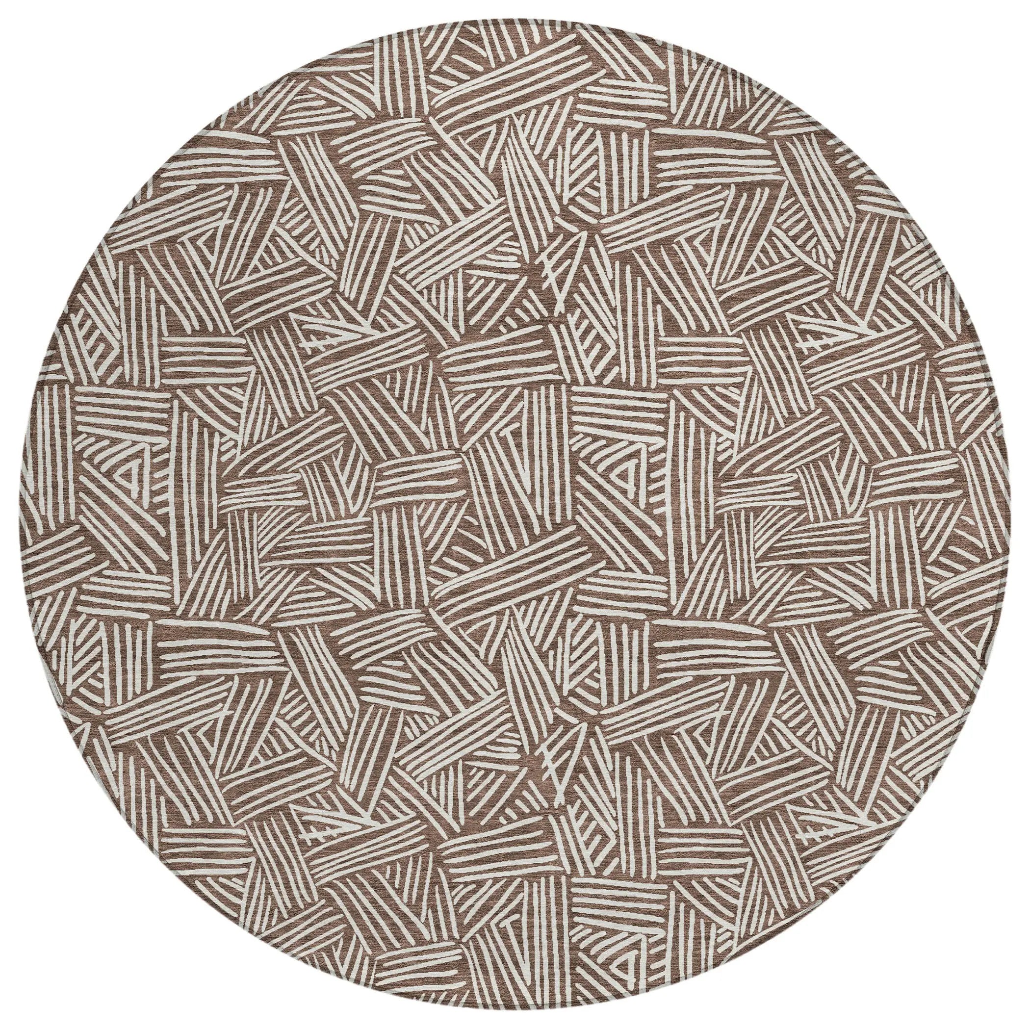 8' Chocolate And Ivory Round Geometric Washable Indoor Outdoor Area Rug Homeroots Outdoor