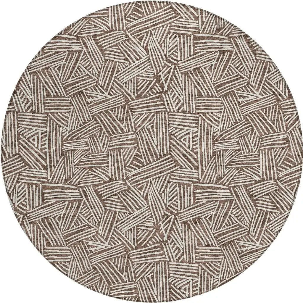 8' Chocolate And Ivory Round Geometric Washable Indoor Outdoor Area Rug Homeroots Outdoor