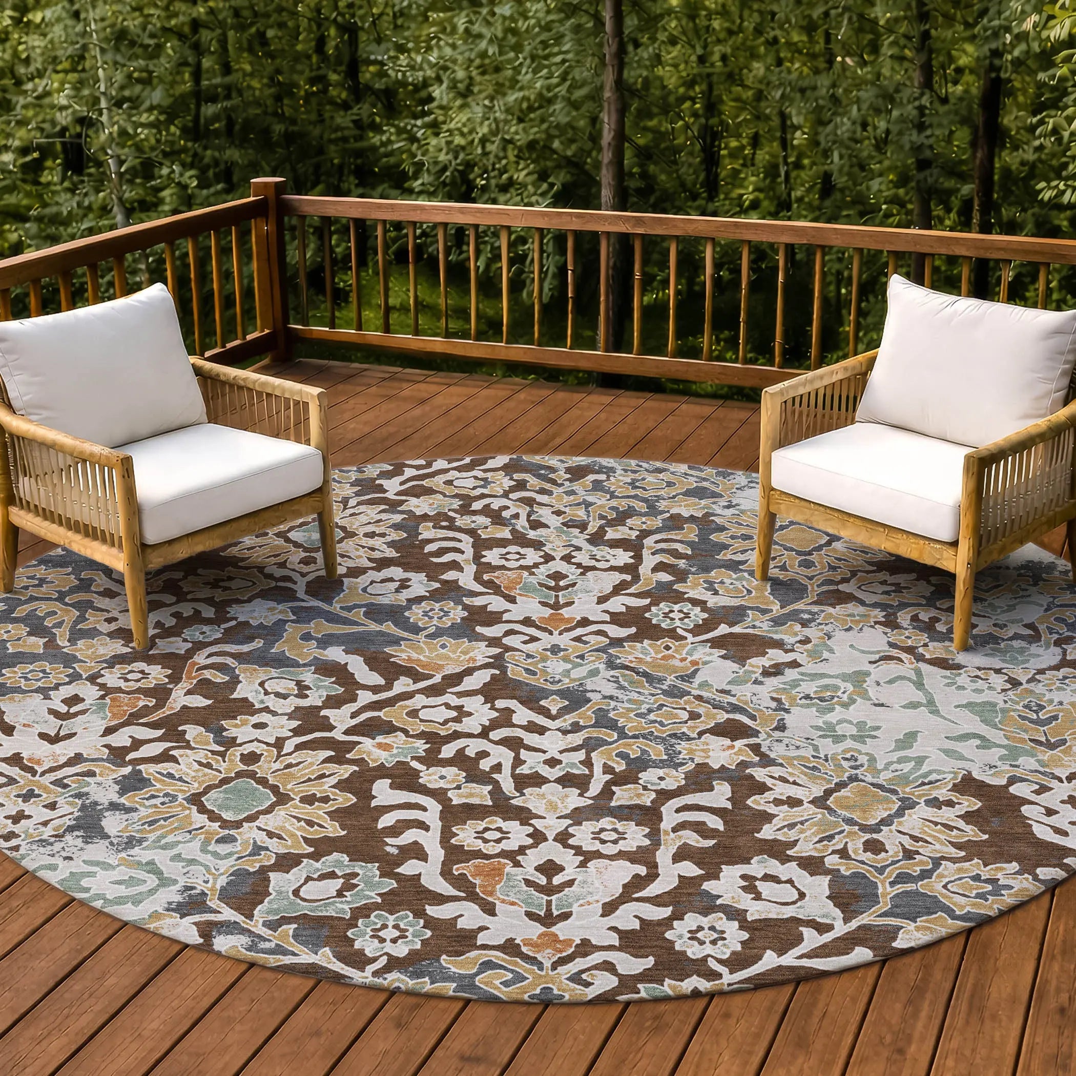 8' Chocolate And Ivory Round Geometric Washable Indoor Outdoor Area Rug Homeroots Outdoor