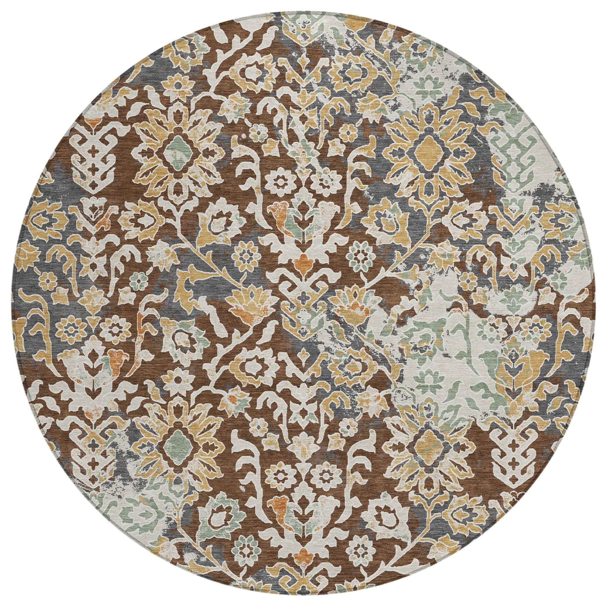 8' Chocolate And Ivory Round Geometric Washable Indoor Outdoor Area Rug Homeroots Outdoor