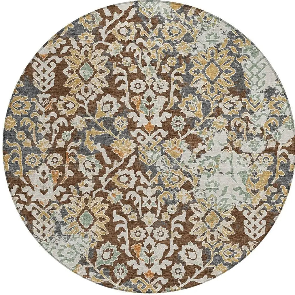 8' Chocolate And Ivory Round Geometric Washable Indoor Outdoor Area Rug Homeroots Outdoor