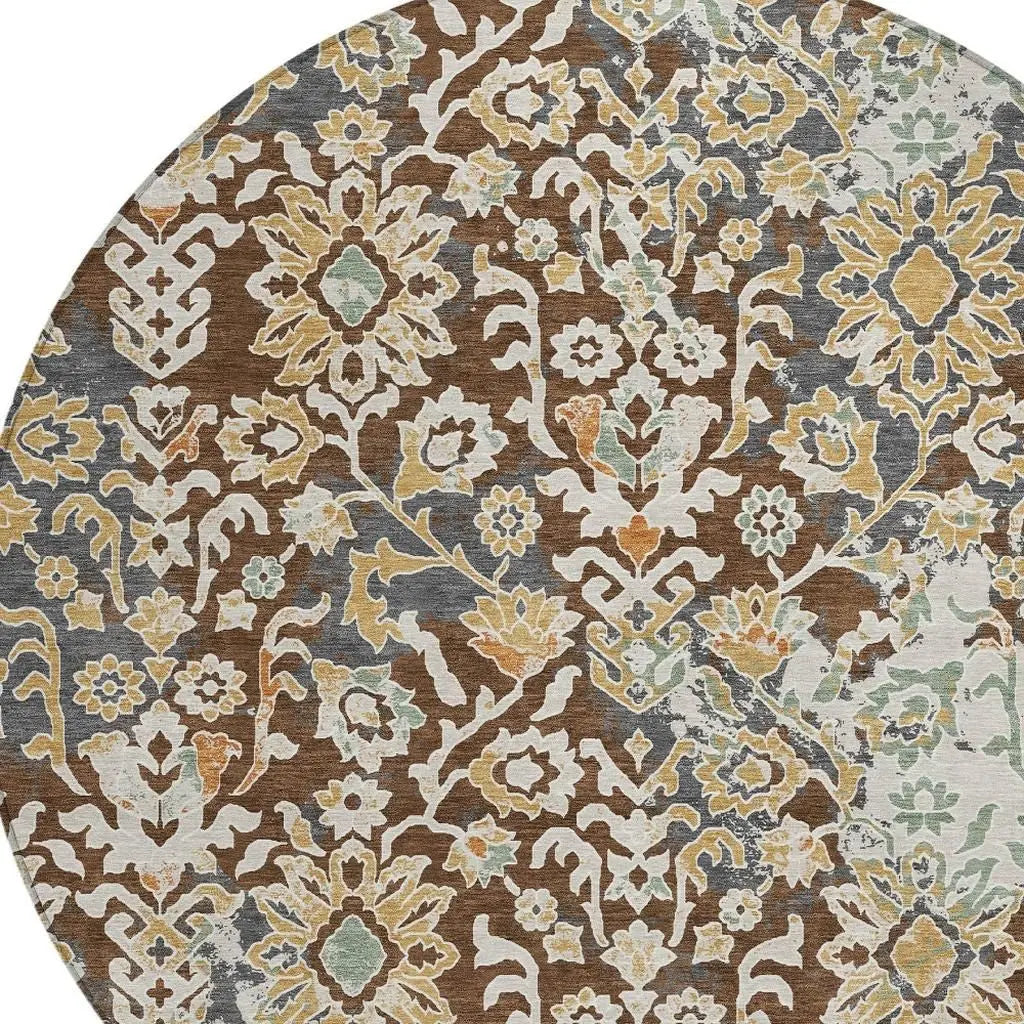 8' Chocolate And Ivory Round Geometric Washable Indoor Outdoor Area Rug Homeroots Outdoor