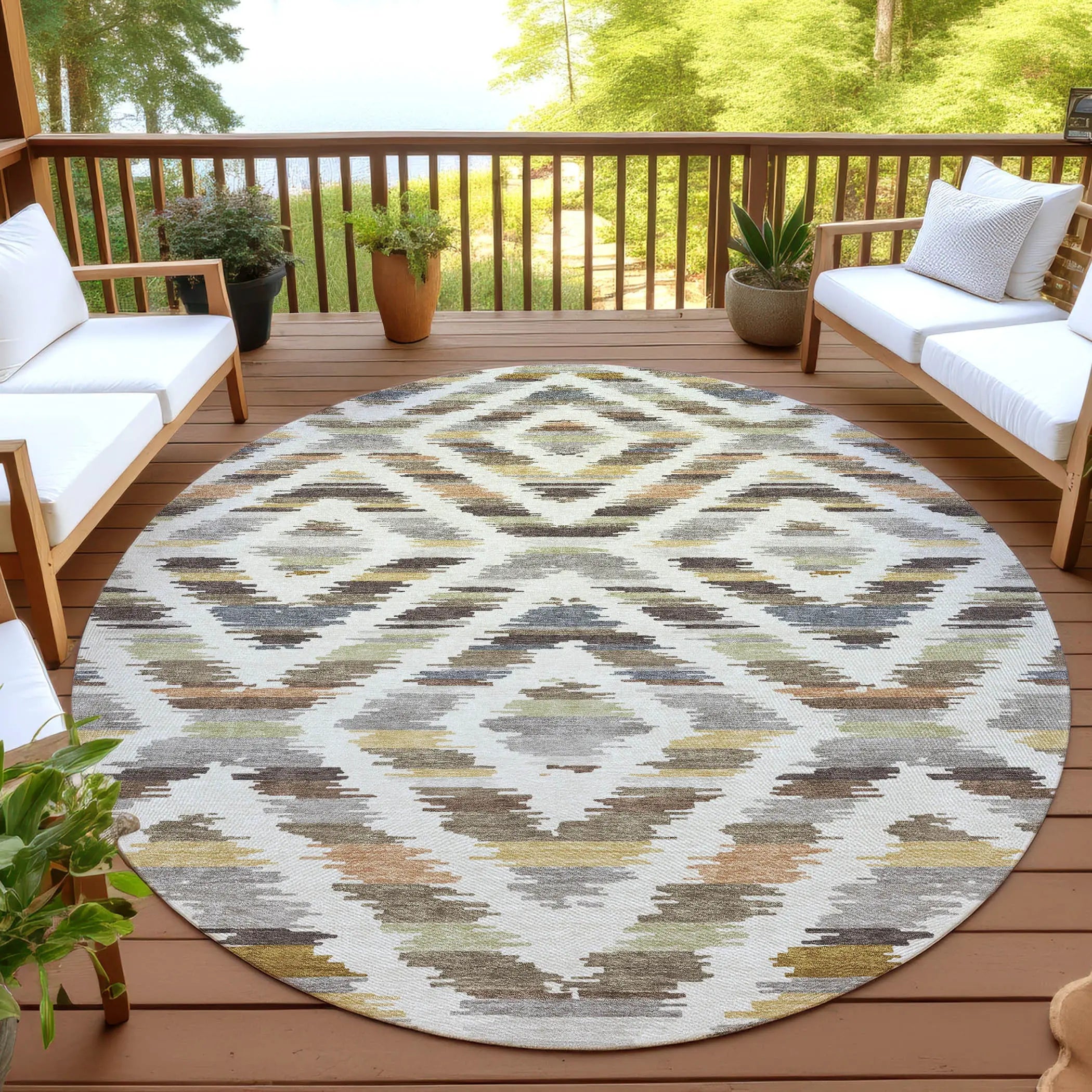 8' Chocolate And Ivory Round Tribal Washable Indoor Outdoor Area Rug Homeroots Outdoor