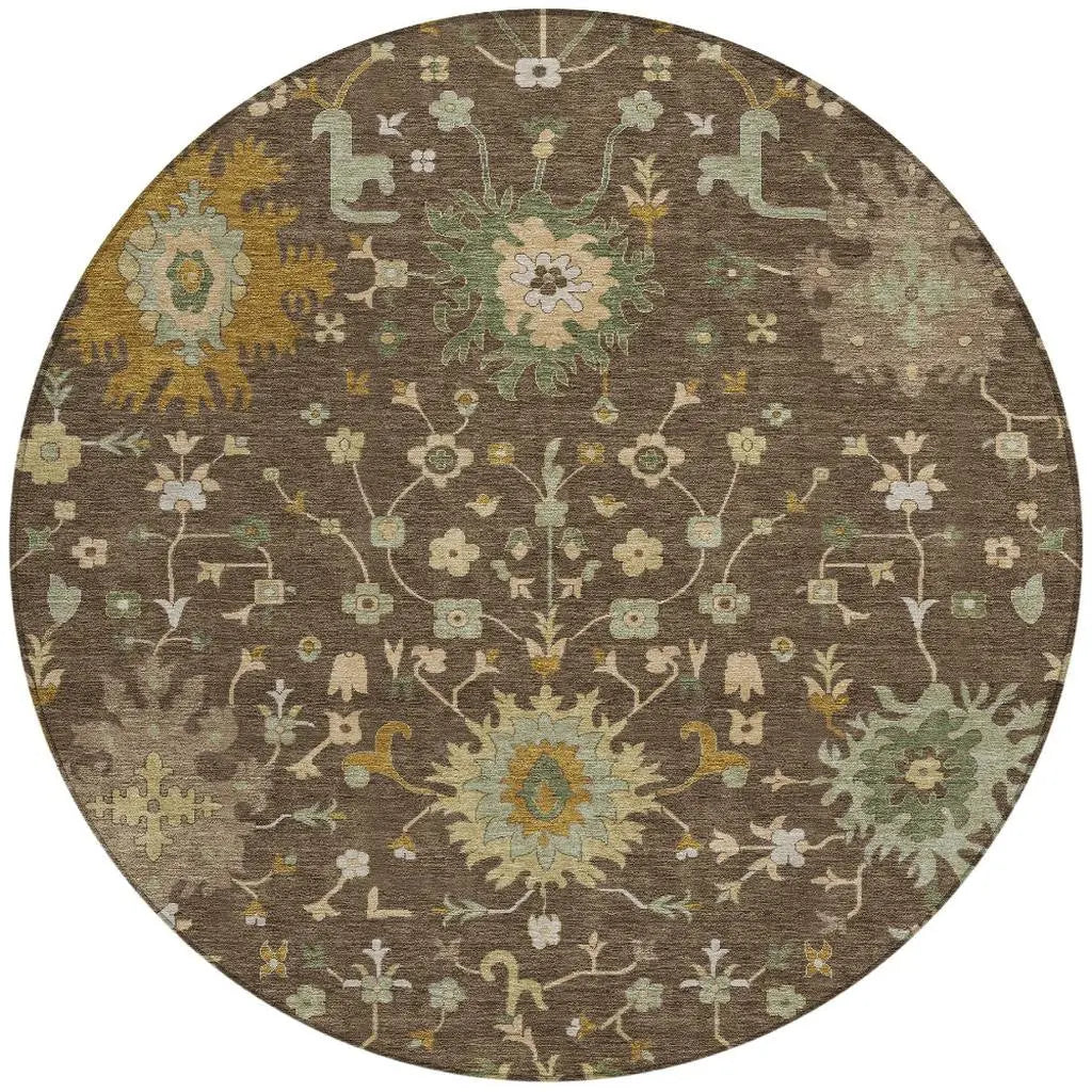 8' Chocolate And Olive Green Round Faux Bois Washable Indoor Outdoor Area Rug Homeroots Outdoor