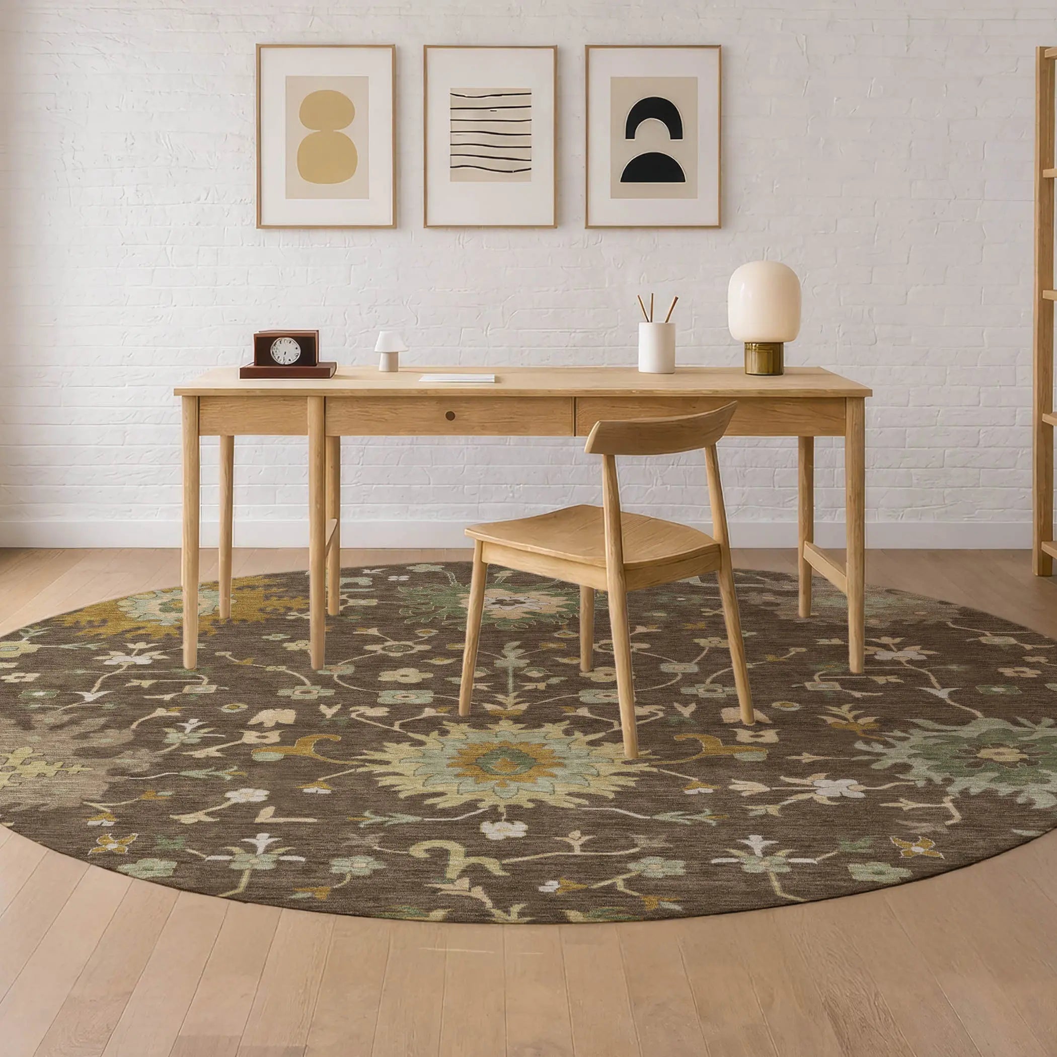 8' Chocolate And Olive Green Round Faux Bois Washable Indoor Outdoor Area Rug Homeroots Outdoor