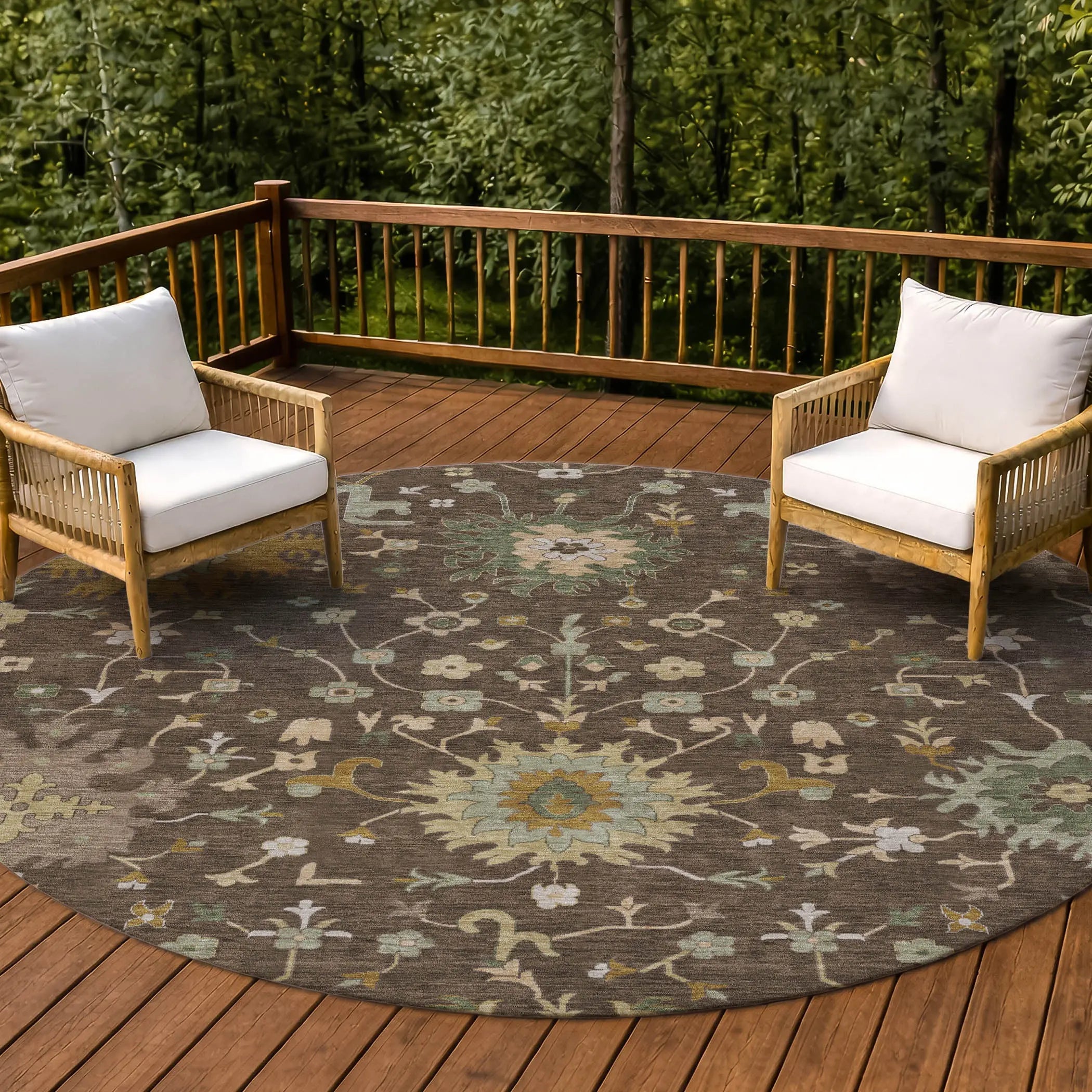 8' Chocolate And Olive Green Round Faux Bois Washable Indoor Outdoor Area Rug Homeroots Outdoor