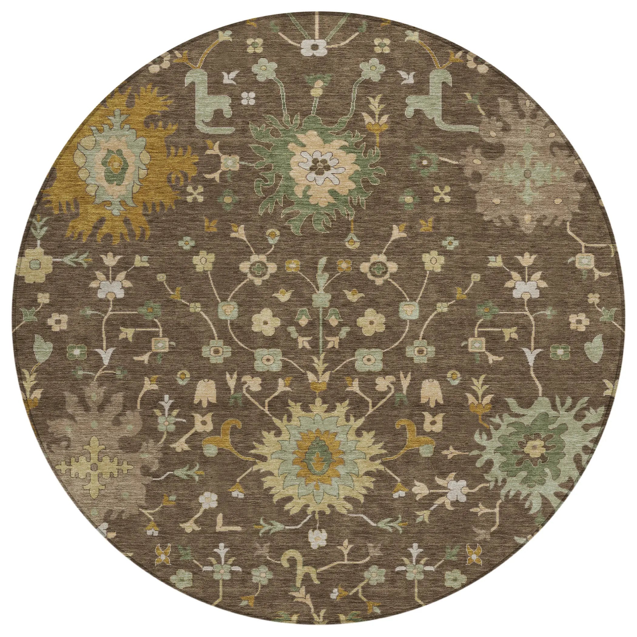8' Chocolate And Olive Green Round Faux Bois Washable Indoor Outdoor Area Rug Homeroots Outdoor