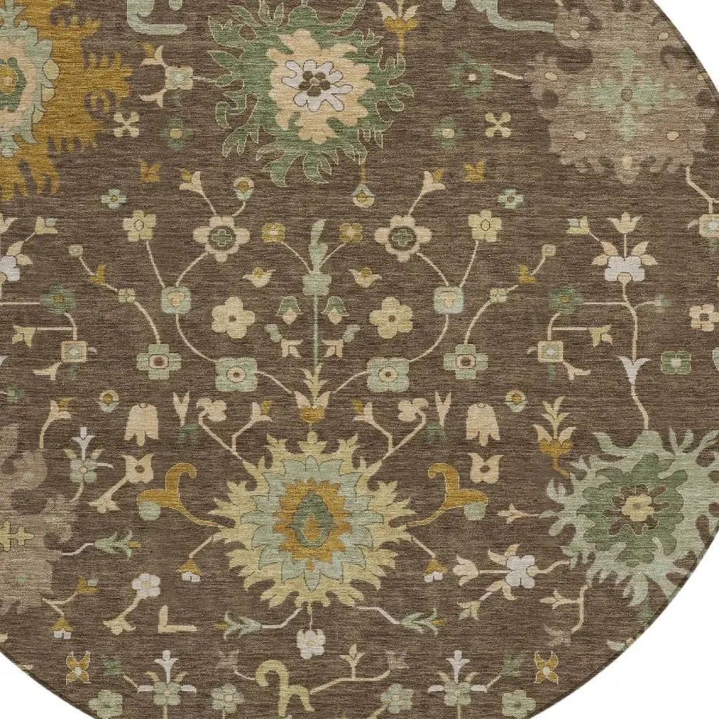 8' Chocolate And Olive Green Round Faux Bois Washable Indoor Outdoor Area Rug Homeroots Outdoor