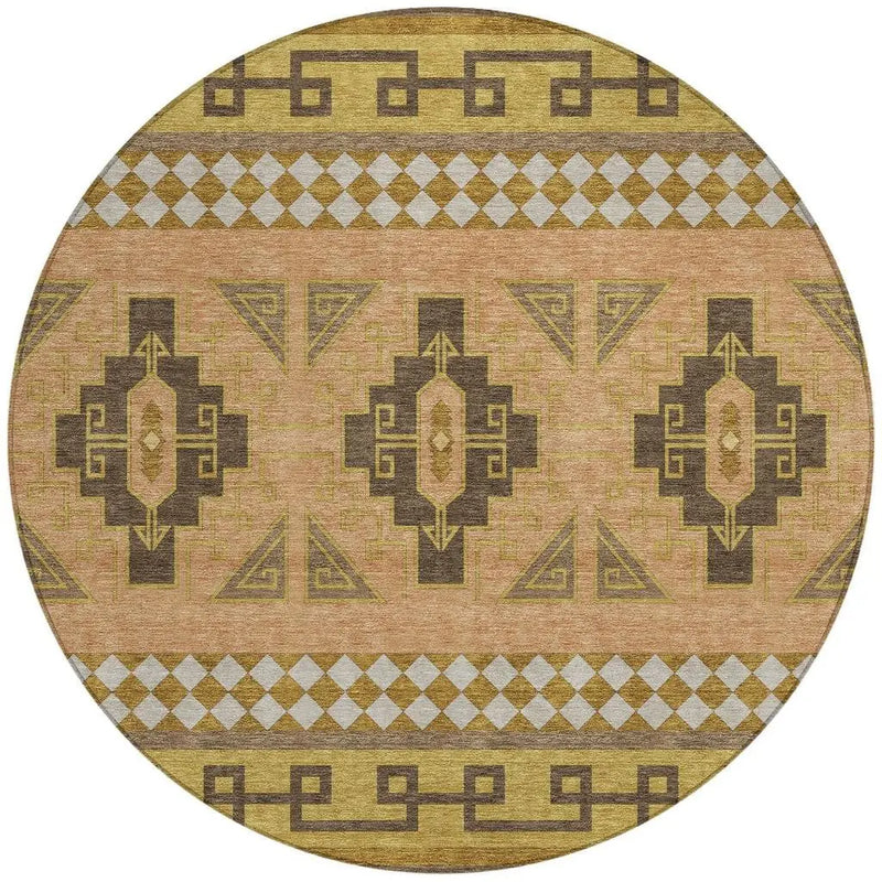 8' Chocolate And Olive Green Round Tribal Washable Indoor Outdoor Area Rug Homeroots Outdoor