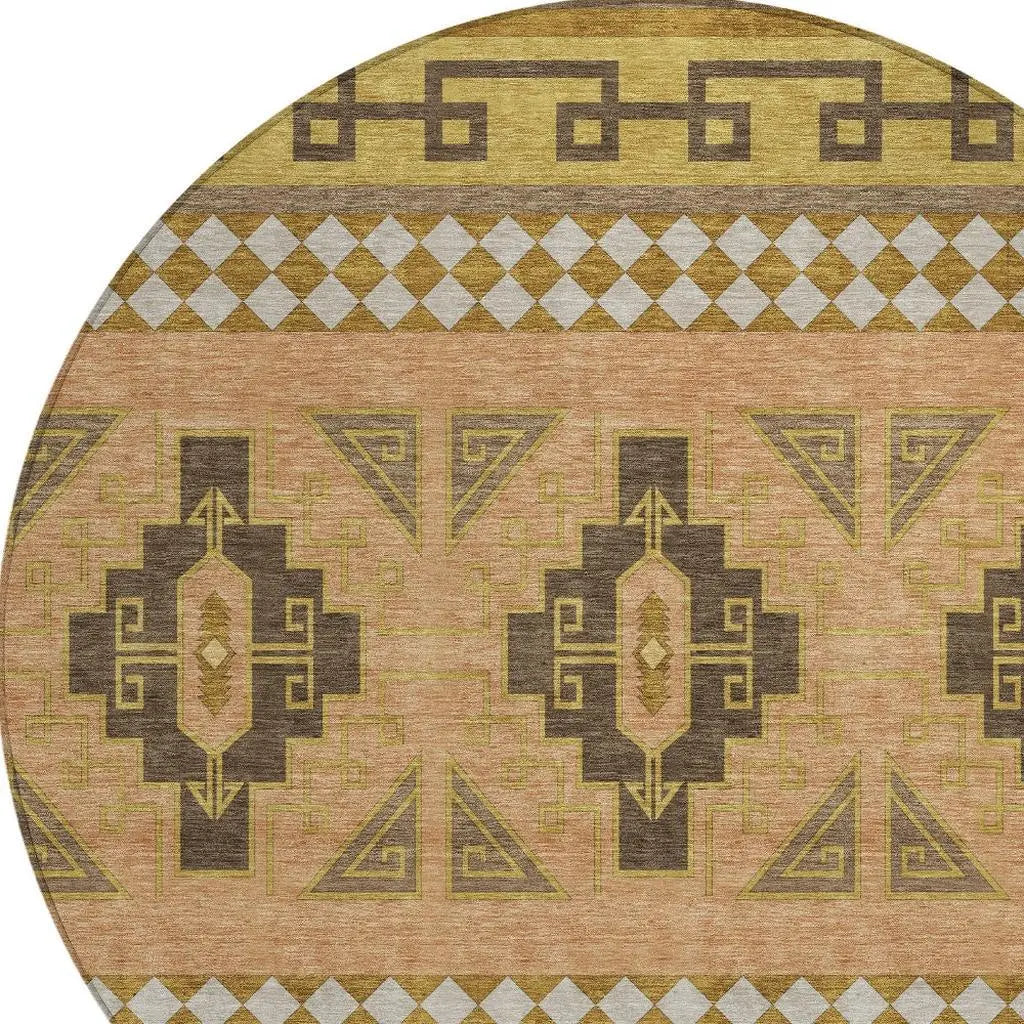 8' Chocolate And Olive Green Round Tribal Washable Indoor Outdoor Area Rug Homeroots Outdoor