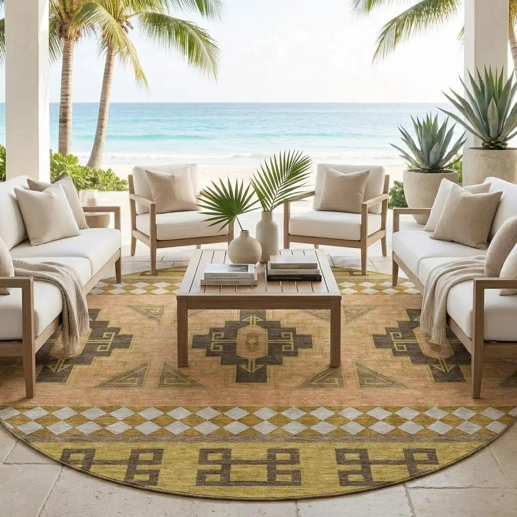 8' Chocolate And Olive Green Round Tribal Washable Indoor Outdoor Area Rug Homeroots Outdoor