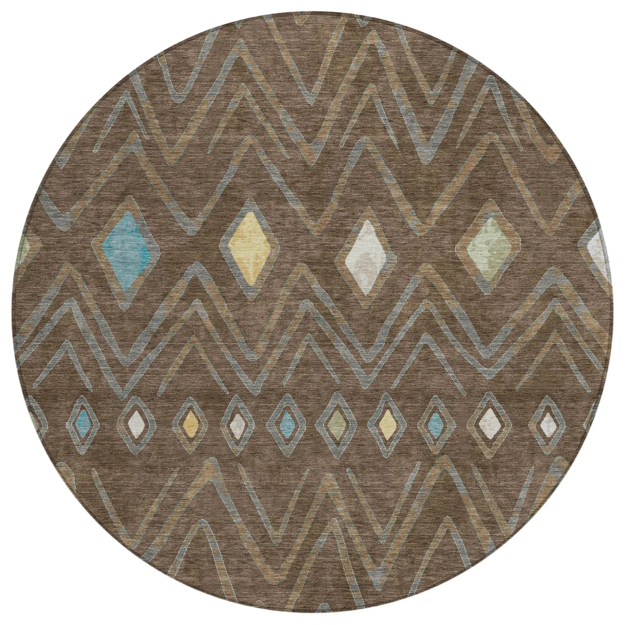 8' Chocolate And Orange Round Geometric Washable Indoor Outdoor Area Rug Homeroots Outdoor