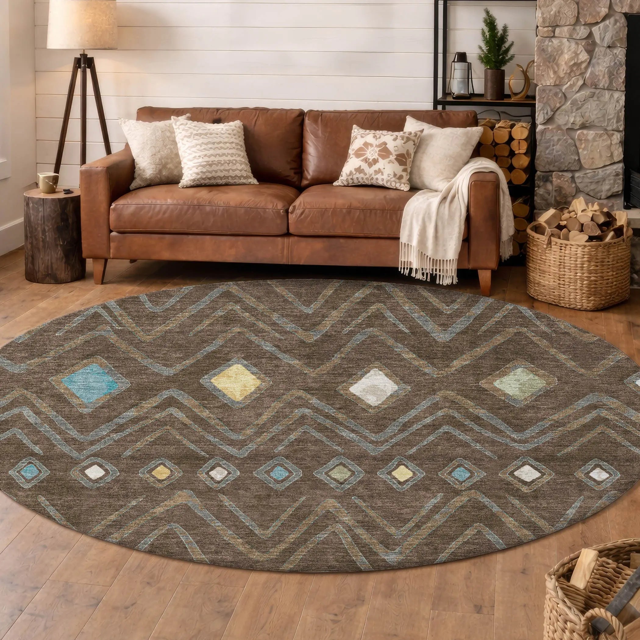 8' Chocolate And Orange Round Geometric Washable Indoor Outdoor Area Rug Homeroots Outdoor