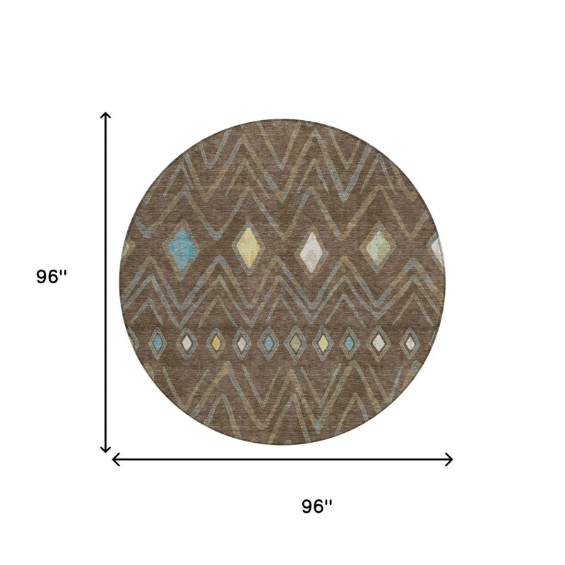 8' Chocolate And Orange Round Geometric Washable Indoor Outdoor Area Rug Homeroots Outdoor