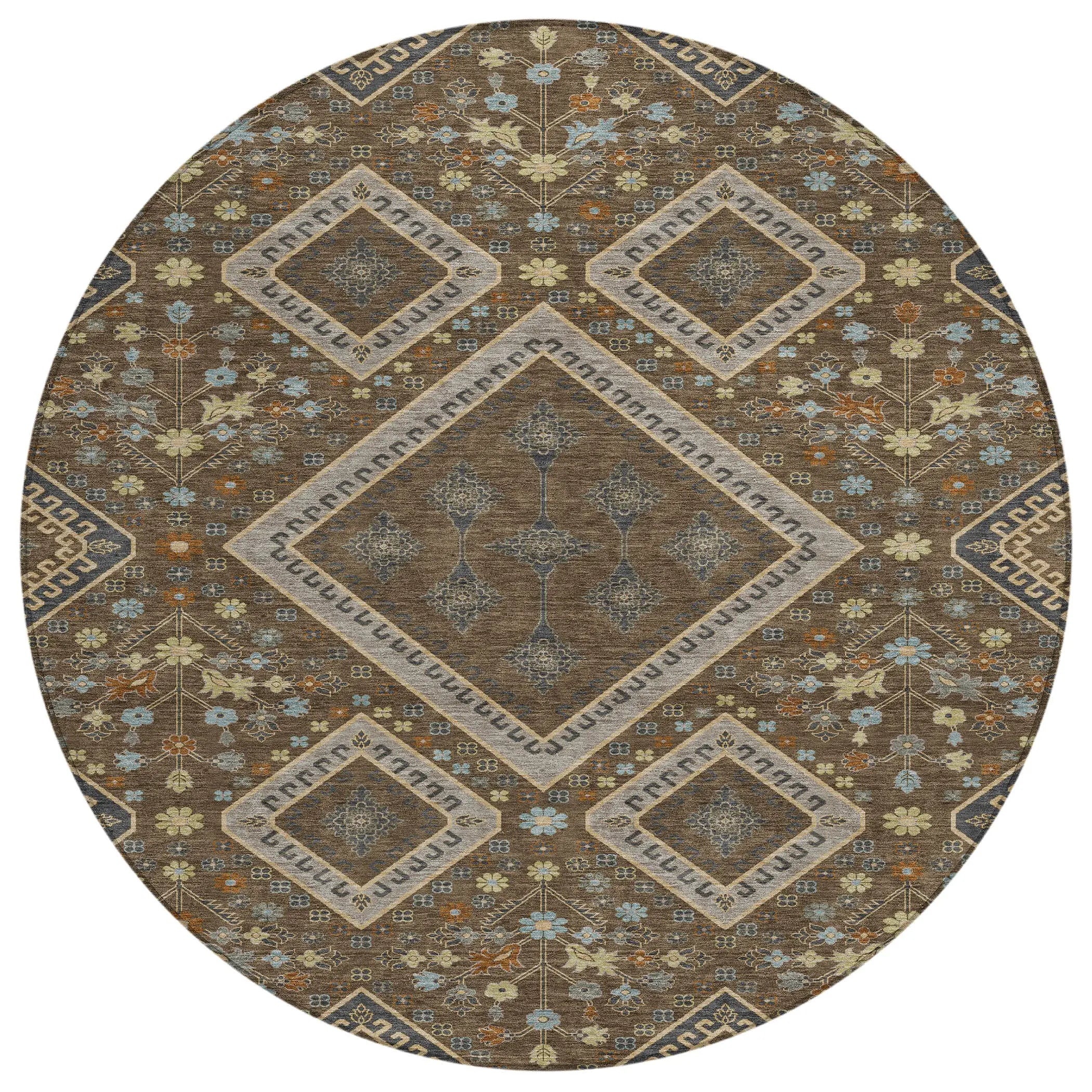 8' Chocolate And Orange Round Medallion Washable Indoor Outdoor Area Rug Homeroots Outdoor