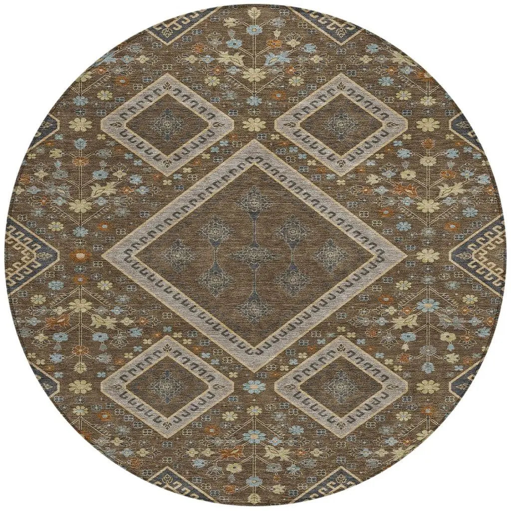 8' Chocolate And Orange Round Medallion Washable Indoor Outdoor Area Rug Homeroots Outdoor