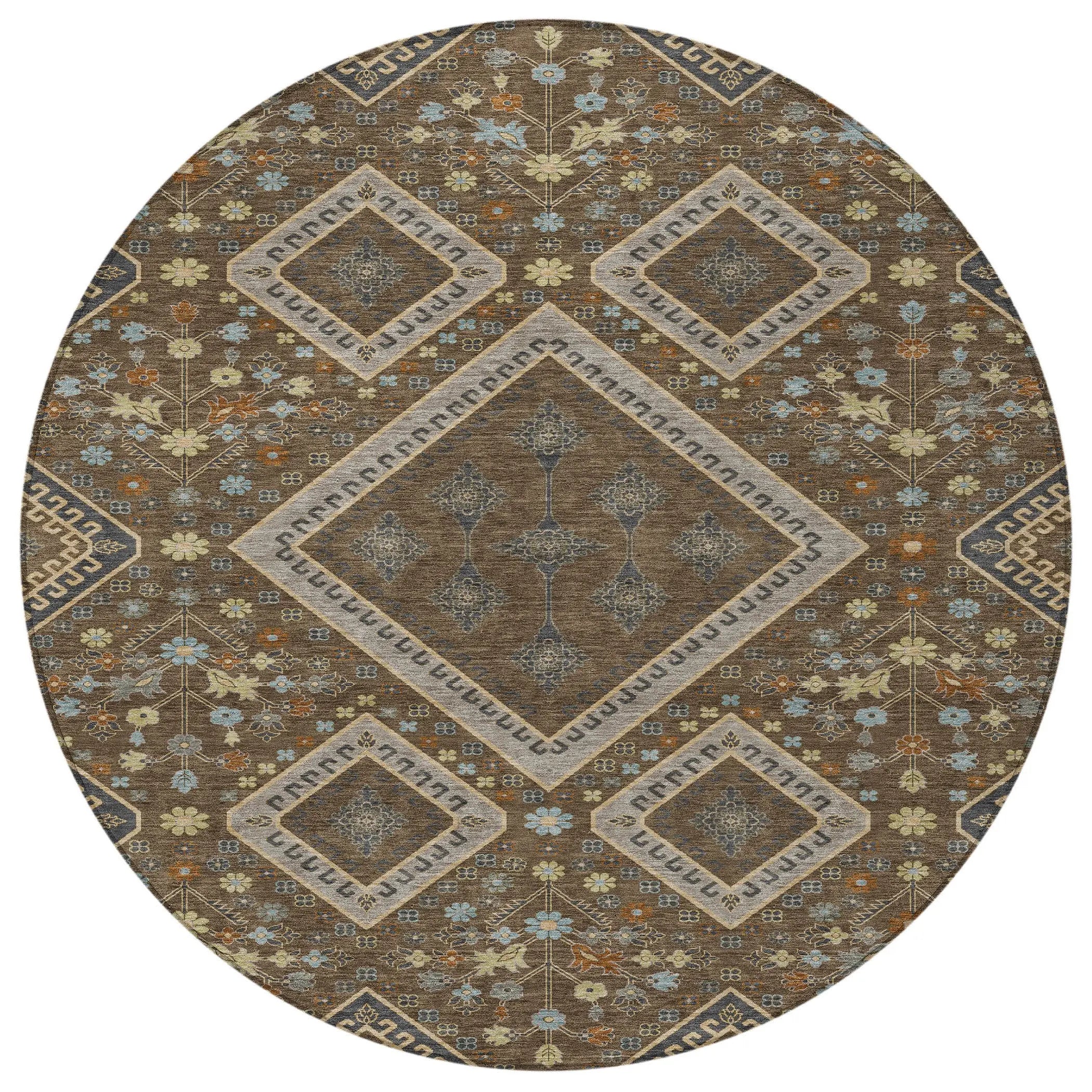 8' Chocolate And Orange Round Medallion Washable Indoor Outdoor Area Rug Homeroots Outdoor