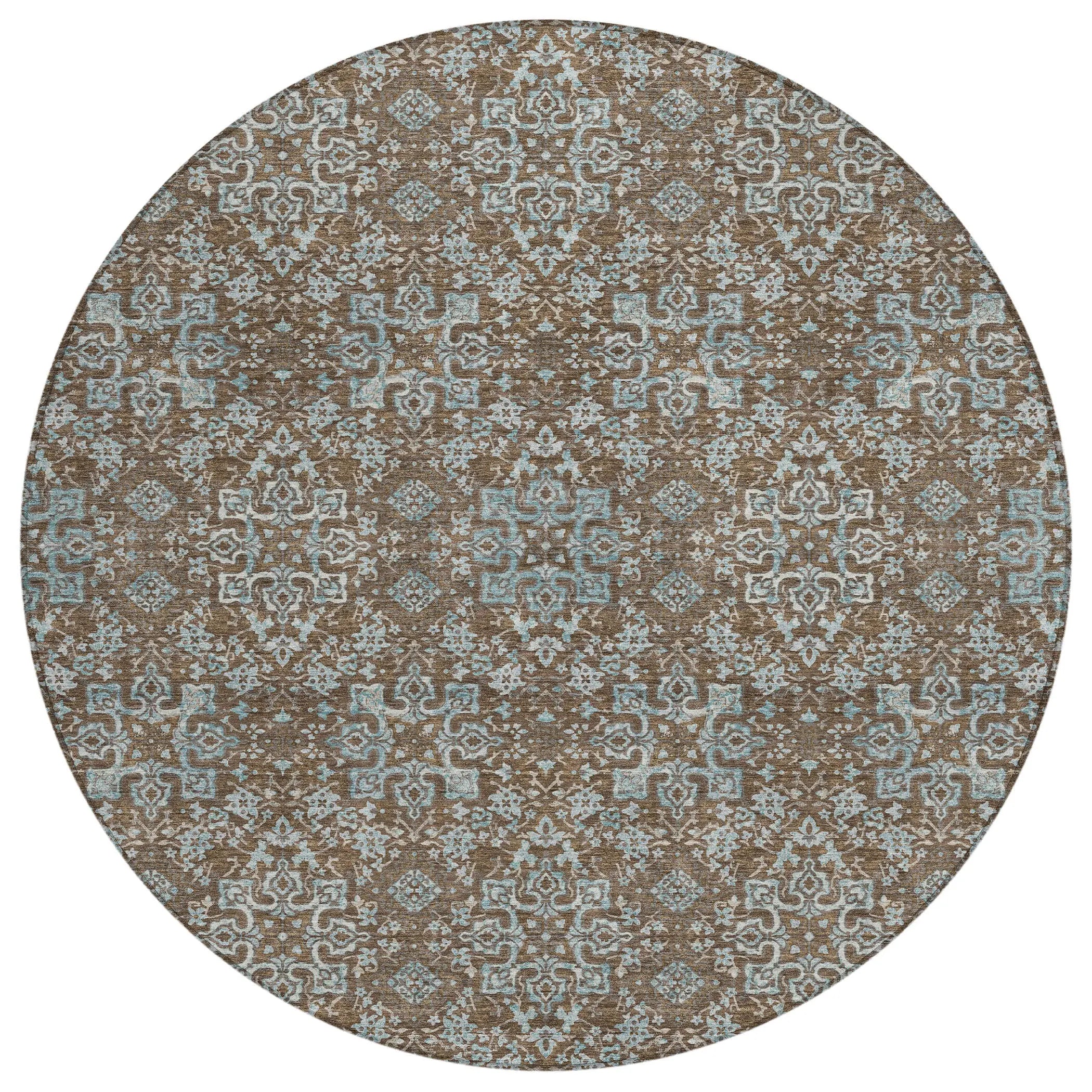 8' Chocolate And Pearl Round Oriental Washable Indoor Outdoor Area Rug Homeroots Outdoor