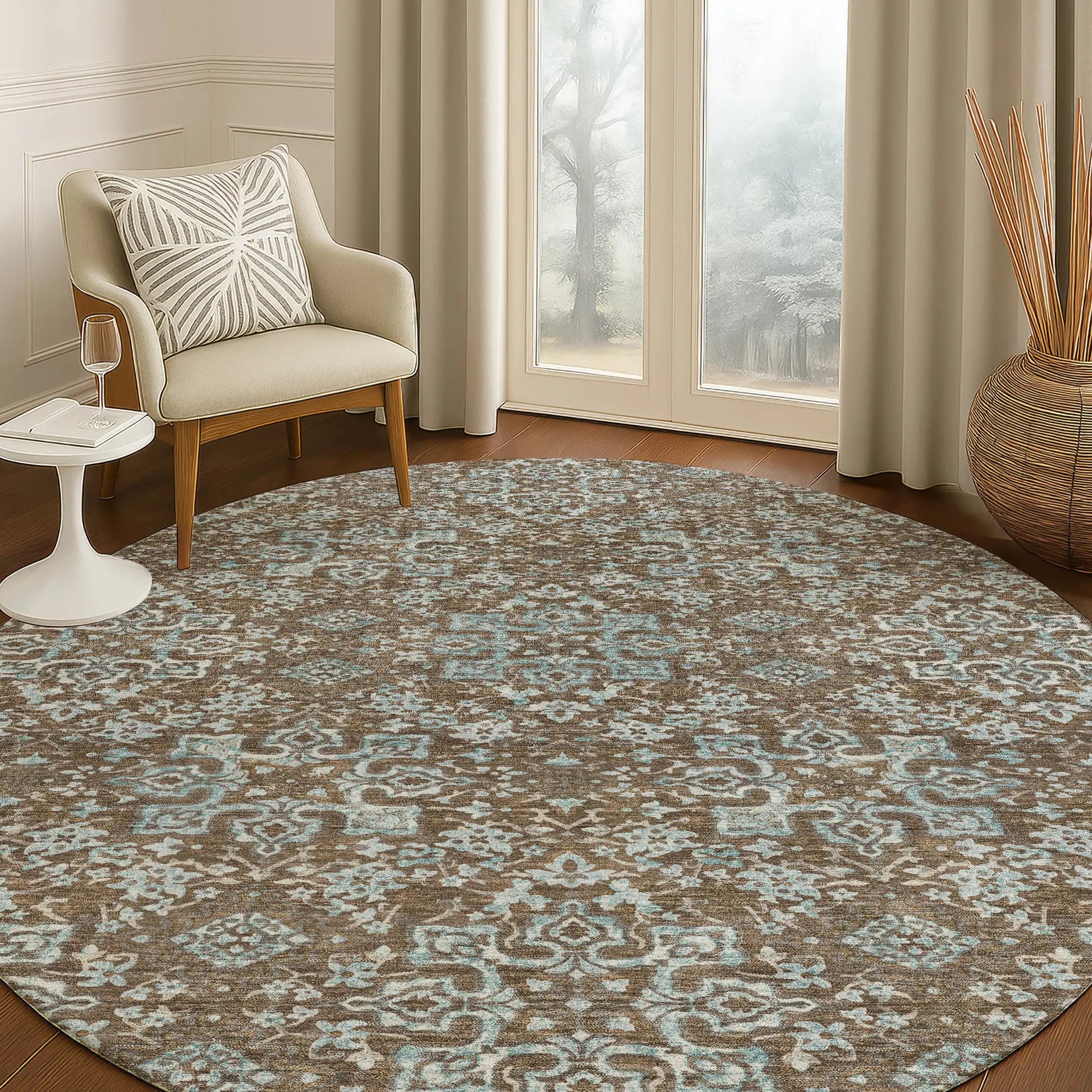8' Chocolate And Pearl Round Oriental Washable Indoor Outdoor Area Rug Homeroots Outdoor