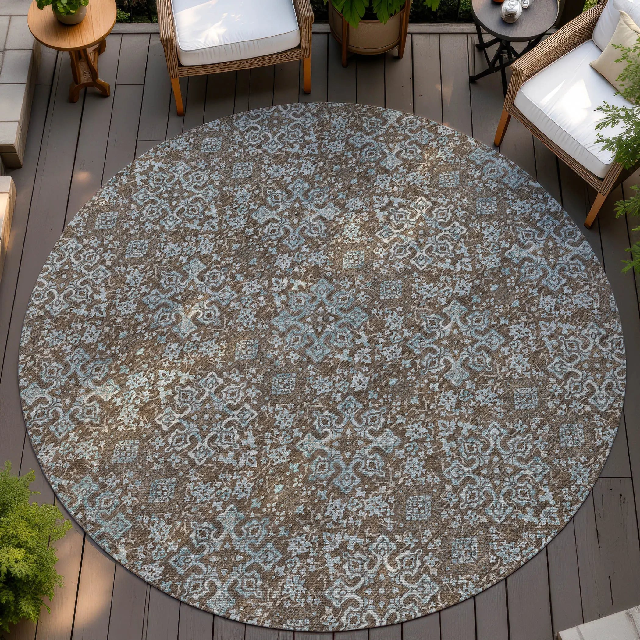 8' Chocolate And Pearl Round Oriental Washable Indoor Outdoor Area Rug Homeroots Outdoor