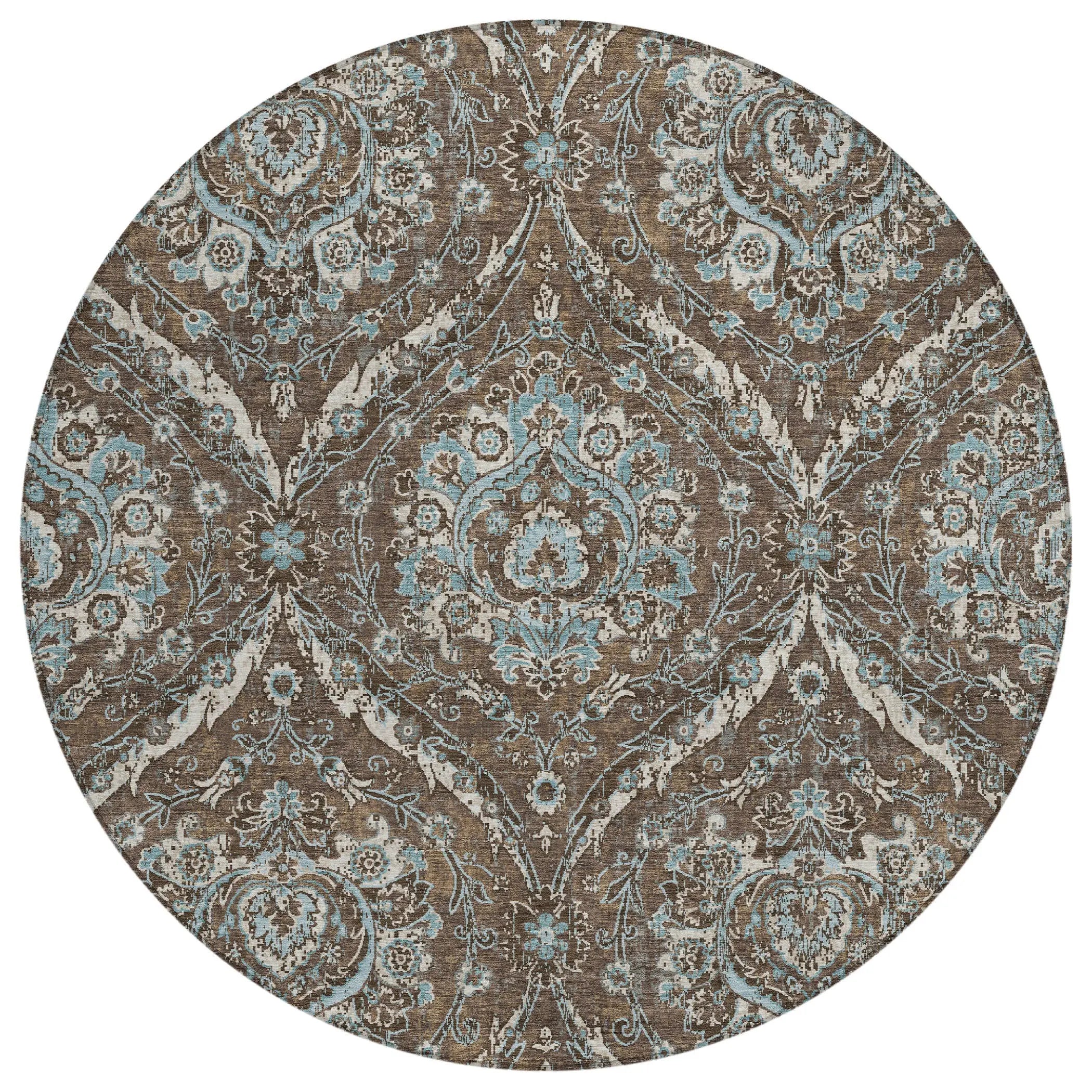 8' Chocolate And Silver Round Floral Washable Indoor Outdoor Area Rug Homeroots Outdoor