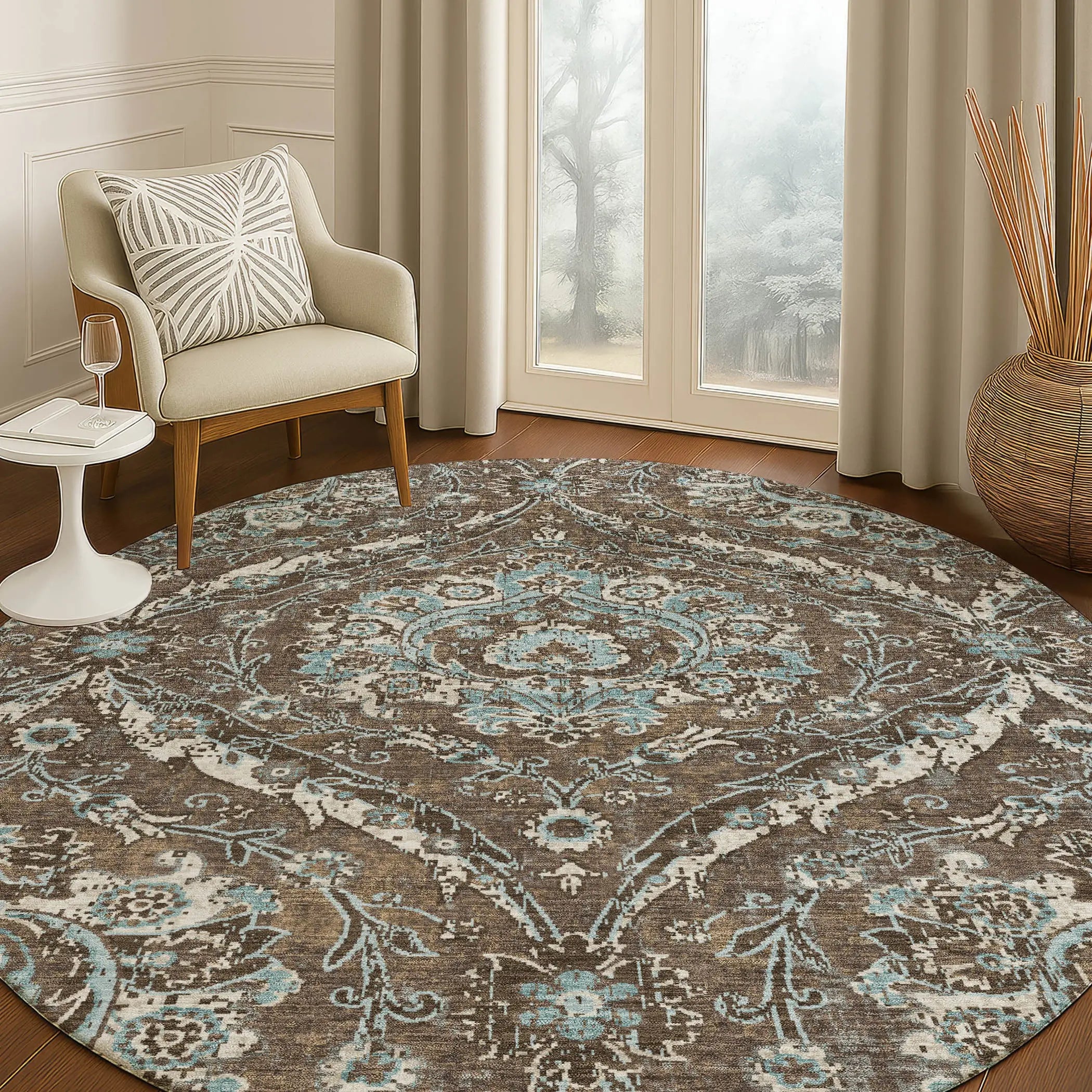 8' Chocolate And Silver Round Floral Washable Indoor Outdoor Area Rug Homeroots Outdoor