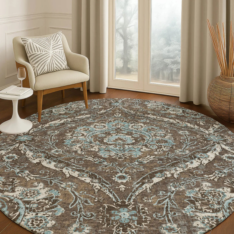 8' Chocolate And Silver Round Floral Washable Indoor Outdoor Area Rug Homeroots Outdoor