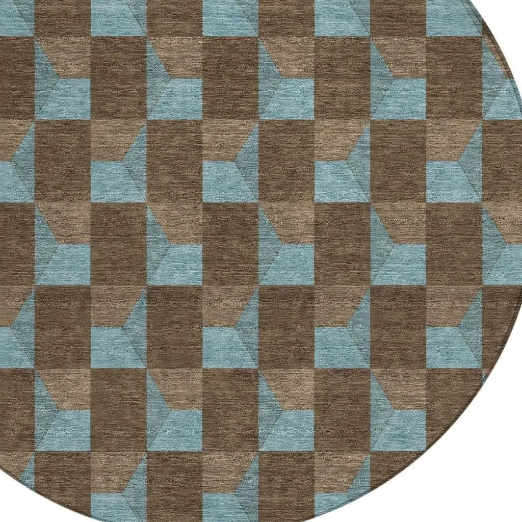 8' Chocolate And Silver Round Geometric Washable Indoor Outdoor Area Rug Homeroots Outdoor
