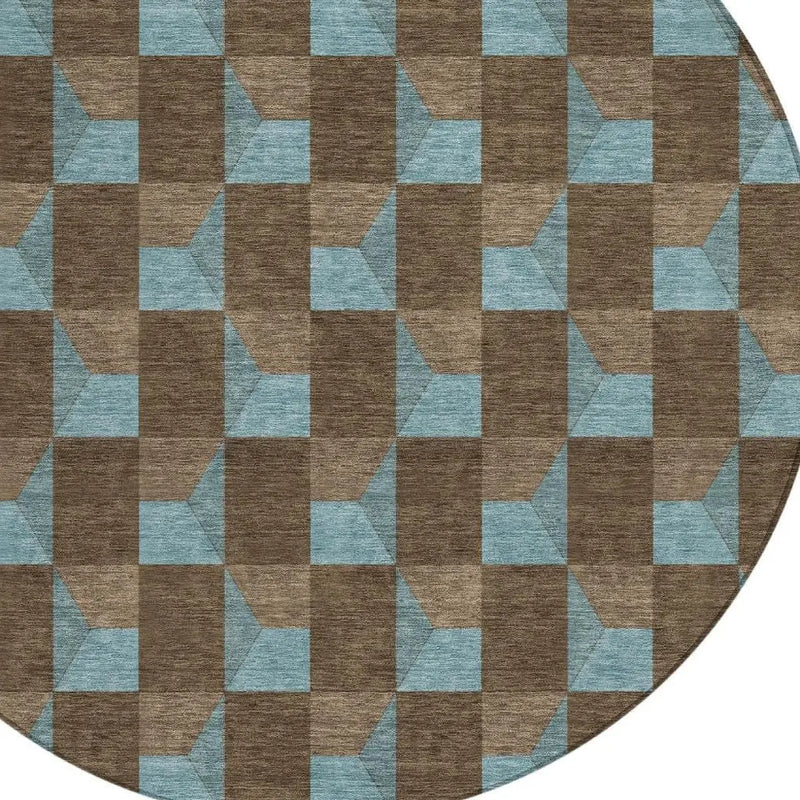 8' Chocolate And Silver Round Geometric Washable Indoor Outdoor Area Rug Homeroots Outdoor
