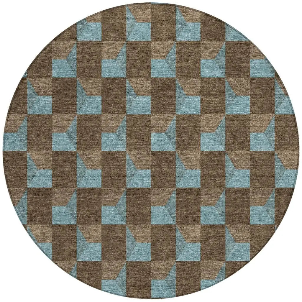 8' Chocolate And Silver Round Geometric Washable Indoor Outdoor Area Rug Homeroots Outdoor