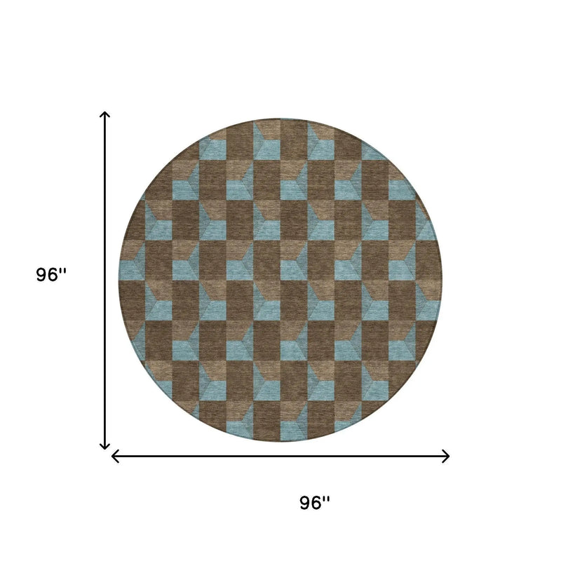8' Chocolate And Silver Round Geometric Washable Indoor Outdoor Area Rug Homeroots Outdoor
