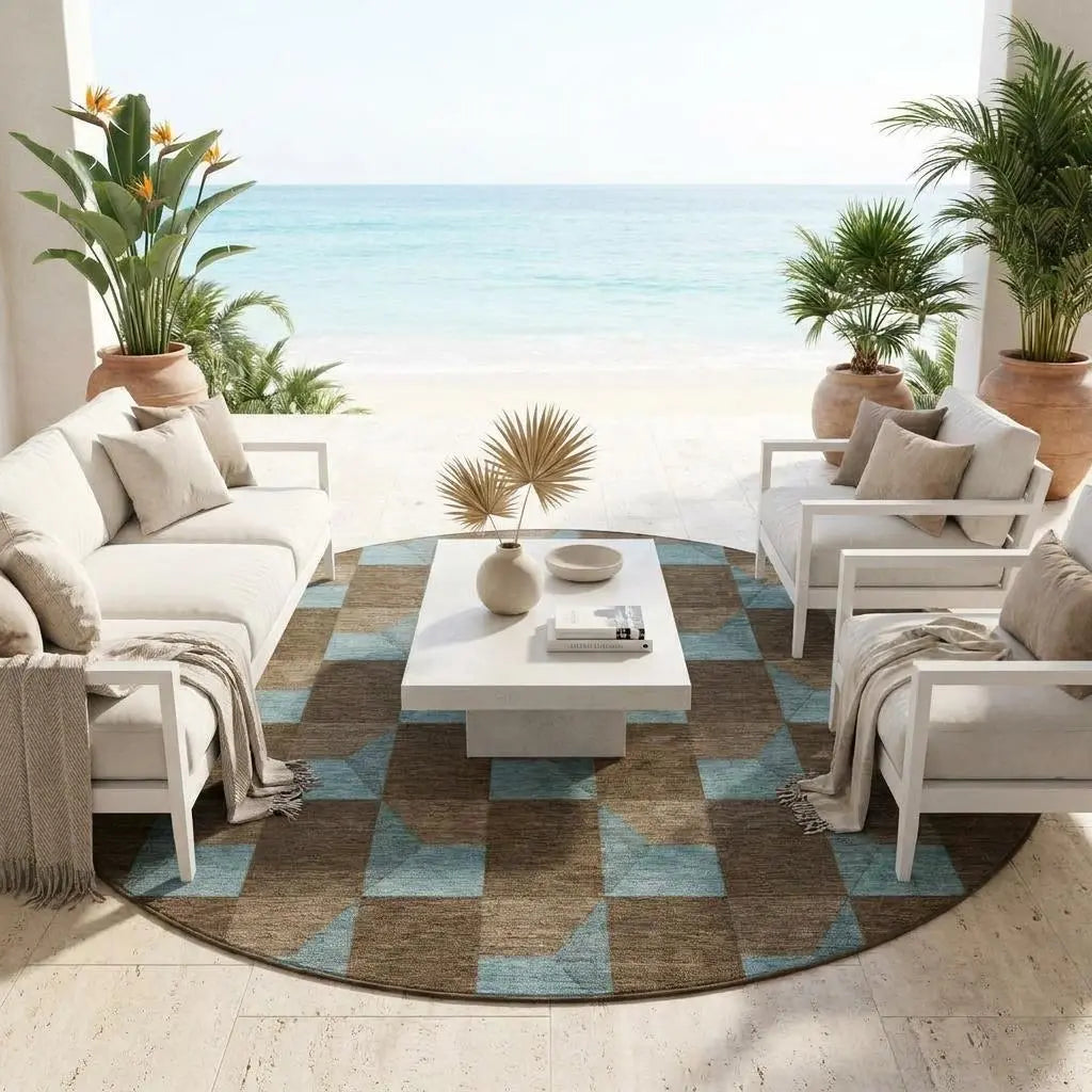 8' Chocolate And Silver Round Geometric Washable Indoor Outdoor Area Rug Homeroots Outdoor