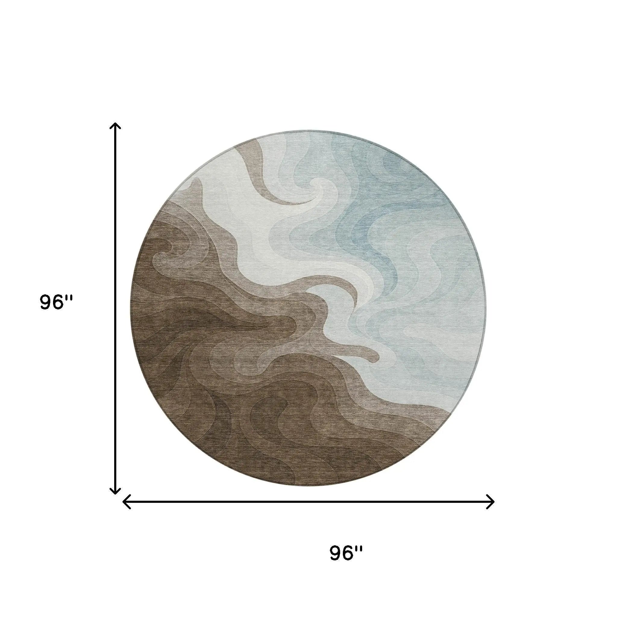 8' Chocolate And Sky Blue Round Abstract Washable Indoor Outdoor Area Rug Homeroots Outdoor