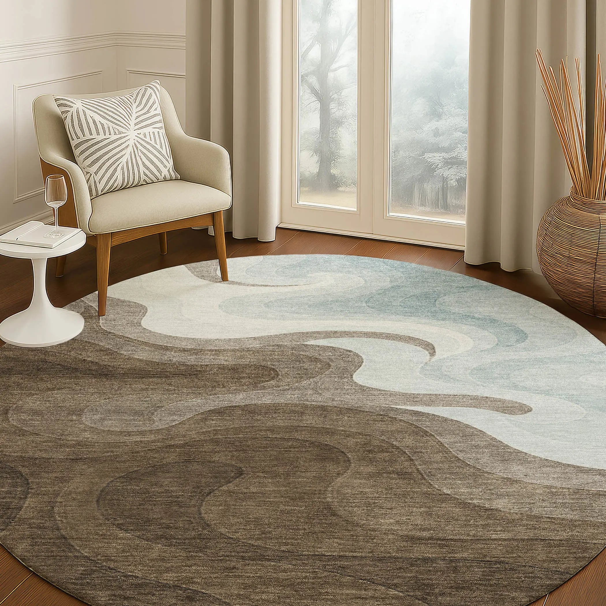 8' Chocolate And Sky Blue Round Abstract Washable Indoor Outdoor Area Rug Homeroots Outdoor