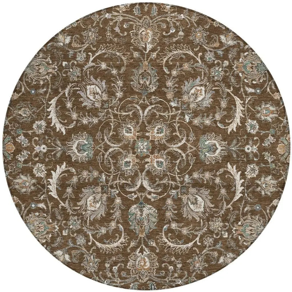 8' Chocolate And Taupe Round Botanical Leaves Washable Indoor Outdoor Area Rug Homeroots Outdoor