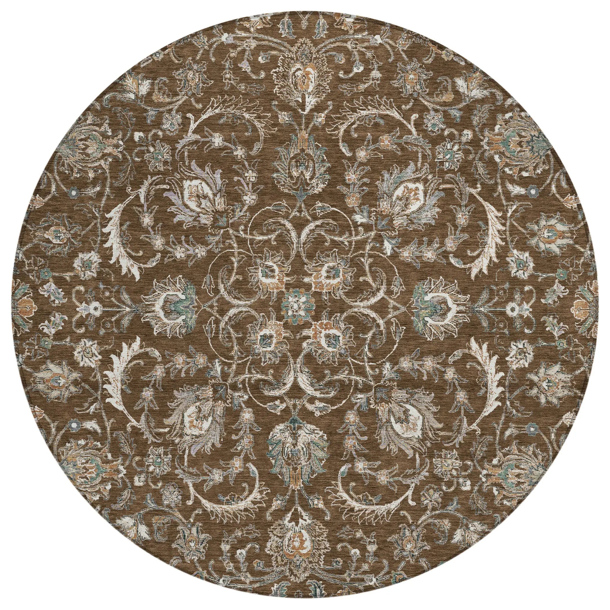 8' Chocolate And Taupe Round Botanical Leaves Washable Indoor Outdoor Area Rug Homeroots Outdoor