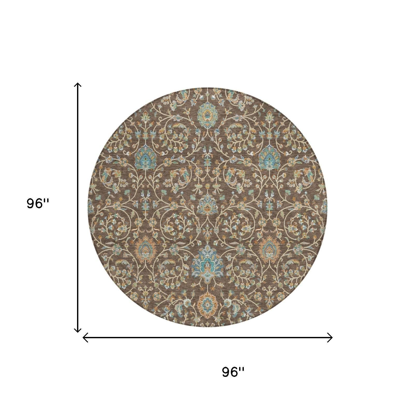8' Coffee And Brown Round Floral Washable Indoor Outdoor Area Rug Homeroots Outdoor